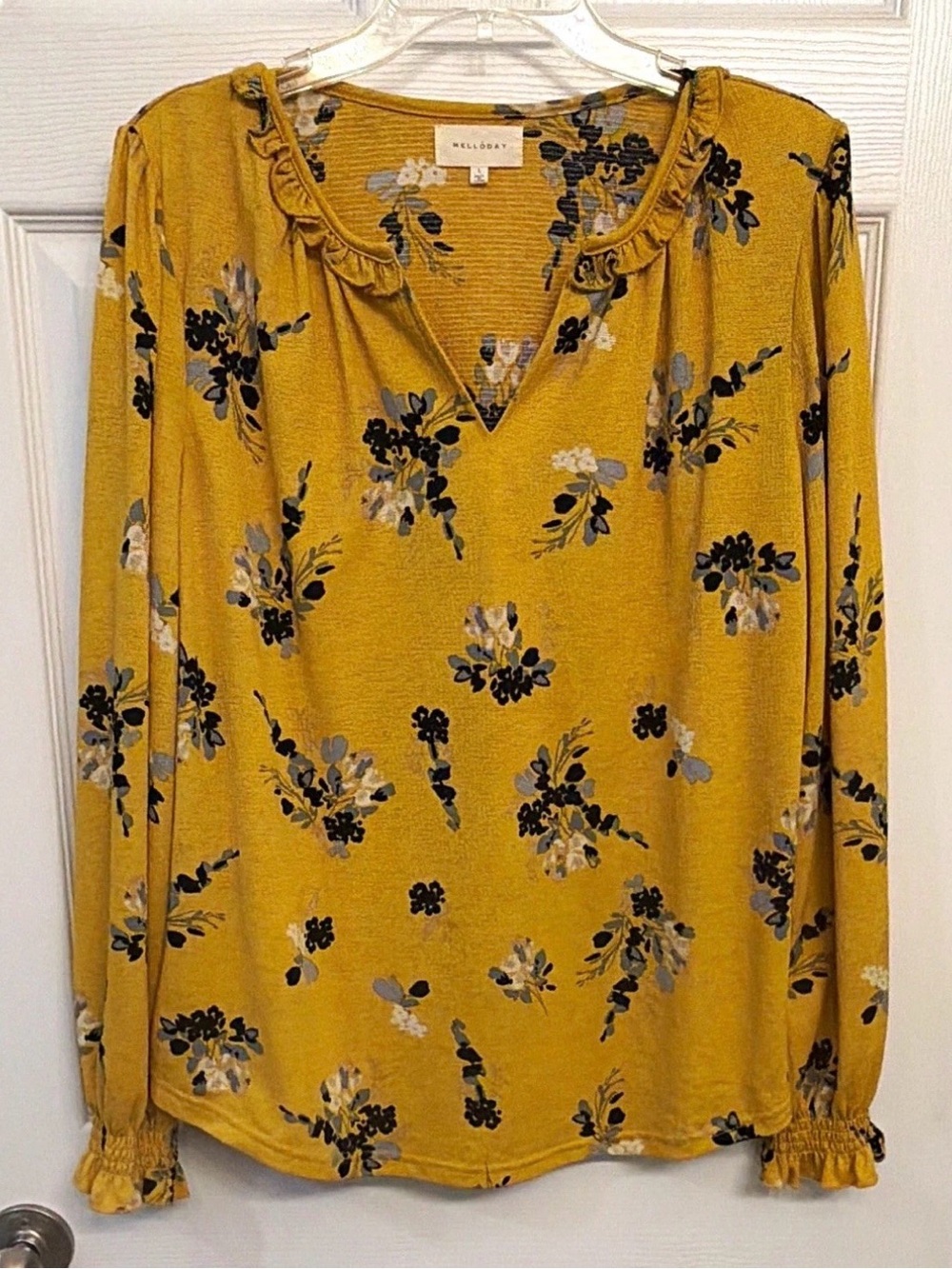 Women’s Melloday Large L Floral V-Neck Long Sleeve Ruffle Knit Blouse